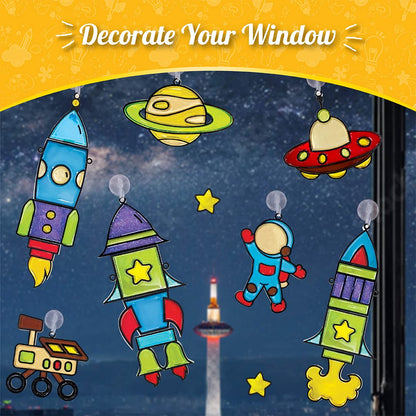 Imagimake Window Art - Rocket - 16 Pieces Glass Painting Set - Astronaut, Rover, Space Designs - Craft Kit for Boys & Girls 5 Years & Above GAMES