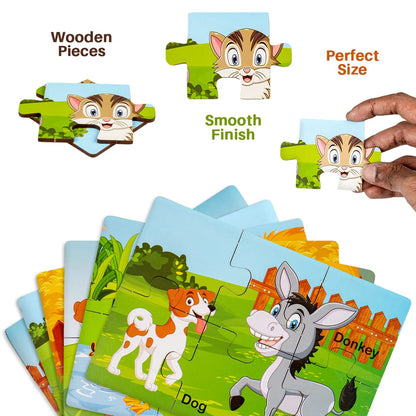 Ratna's My First Wooden Jigsaw Puzzle Domestic Animals for Kids (6 Pieces, Pack of 6; Total 36 pcs) Puzzle Size 17 x 12 cm
