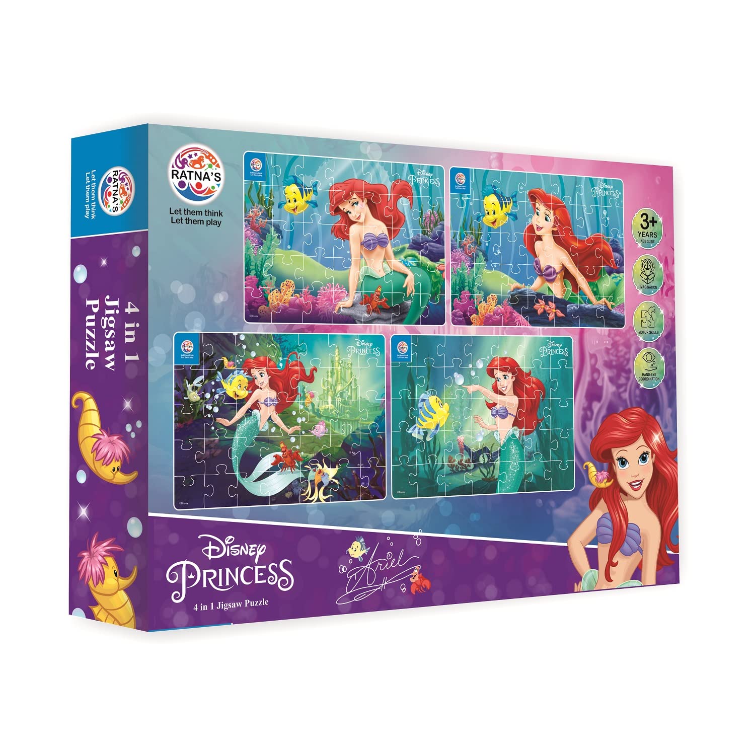 Ratna's 4 in 1 Disney Jigsaw Puzzle 140 Pieces for Kids. 4 Jigsaw Puzzles 35 Pieces Each (Mermaid Ariel) - MRGTOYS
