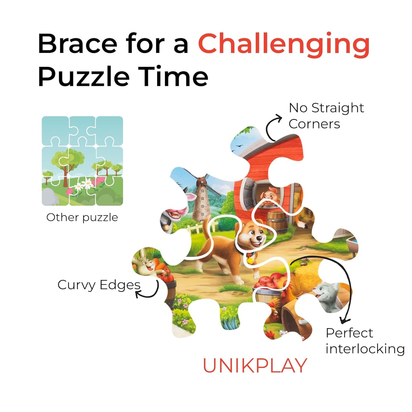 Unik Play Go Crazy Jigsaw Puzzle for Kids and Adults | Attractive Cartoon Print Puzzle with 2 Puzzle Trays for Age 6 to 99 Years-90 Pcs-(Farm Friends)