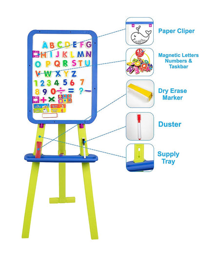 Itoys Easel White Black Board for Kids with Stand to Write Magnetic Board for Kids Learning 8 in 1 Multipurpose for Drawing Writing Painting MULTICOLOUR