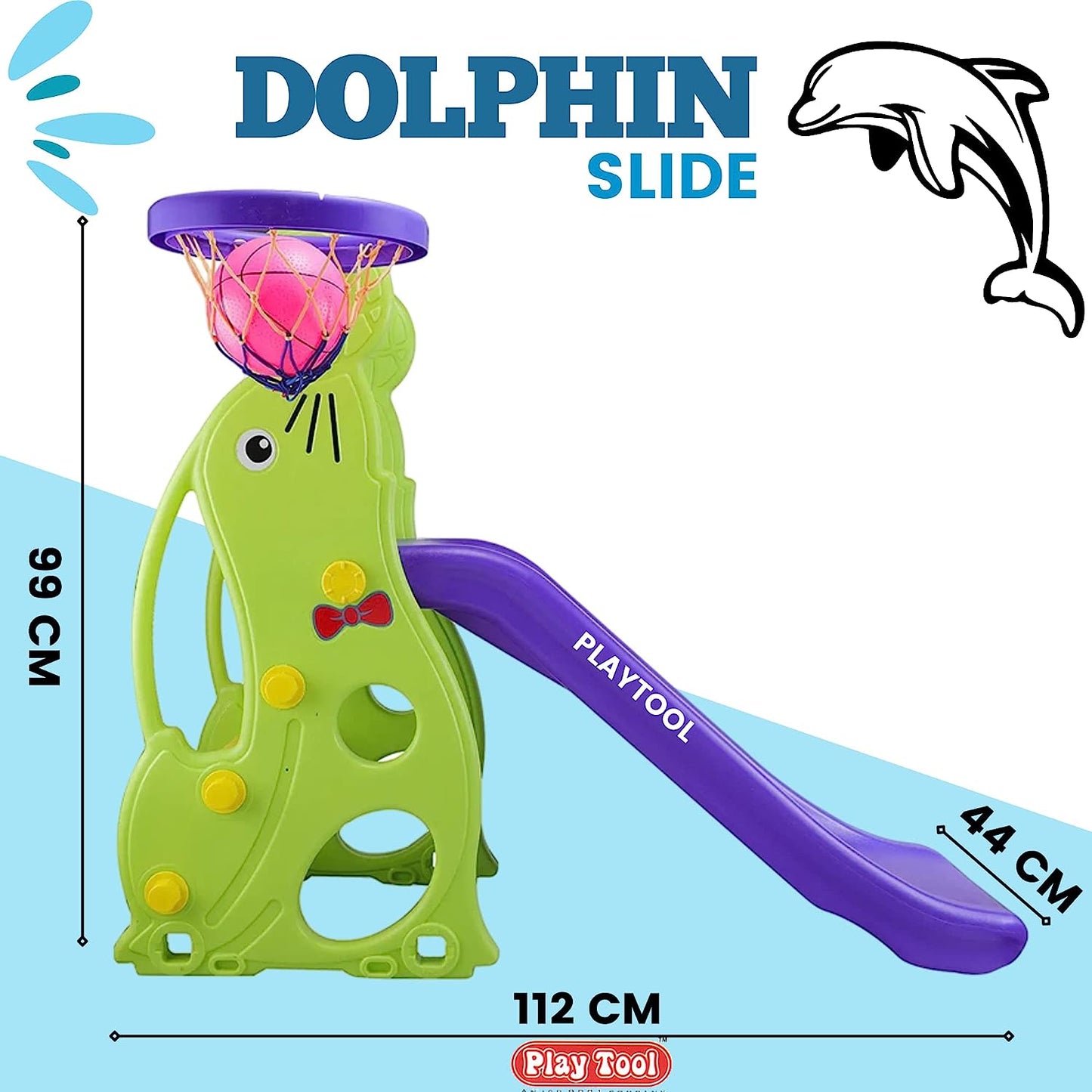 Baby Slide - Garden Slide in Dolphin Shape Along with One Basket Ball for Kids - Easy to Assemble and Use - Unbreakable Plastic - Indoor and Outdoor Use - Age - MRGTOYS