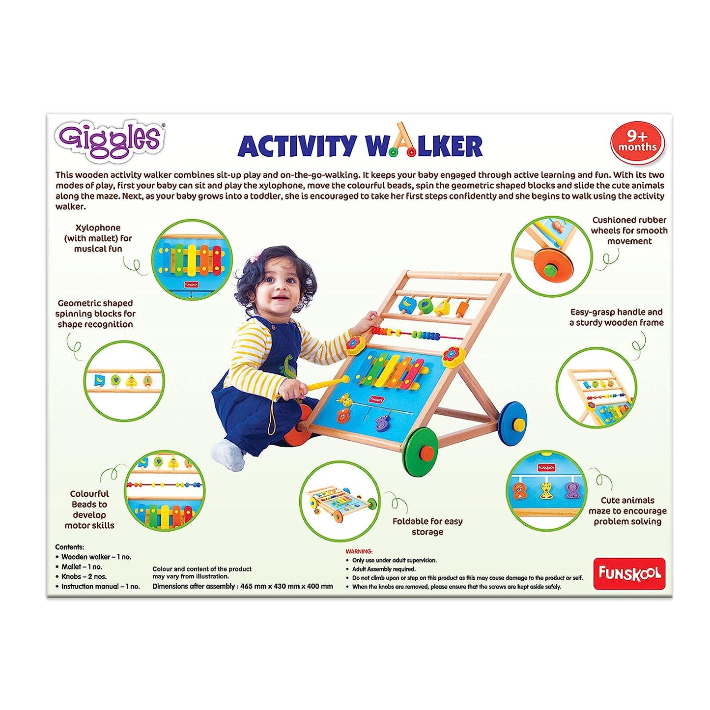 Giggles - Activity Walker, Multicolour Wooden Musical Walker, Develops Motor Skills Using Xylophone, Animal Maze, Counting Beads, Geo Shaped Spinners, 9 Months & Above, Infant Toys
