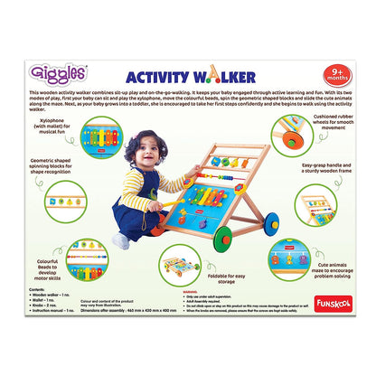 Giggles - Activity Walker, Multicolour Wooden Musical Walker, Develops Motor Skills Using Xylophone, Animal Maze, Counting Beads, Geo Shaped Spinners, 9 Months & Above, Infant Toys
