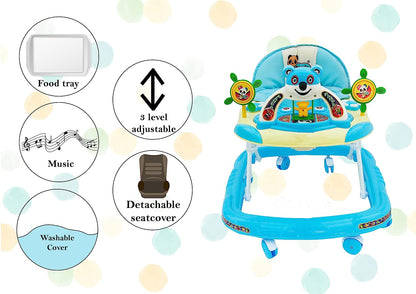 Panda 007 Smart Musical Round Toddler Baby Walker with Comfy 3-in-1 Height Adjustable with Light and Musical Toy Bar and Ultra Soft Seat for Kids (6 Month + Age) (Kids Walker) (Blue) - MRGTOYS