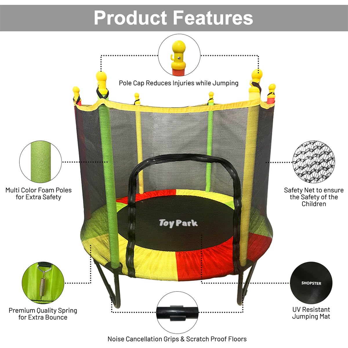 Toy Park Kids Trampoline with Safety Enclosure Powerful Loading Capacity All-in-one Combo Set - Indoor/Outdoor Heavy Duty Frame,Birthday Gifts for Kids