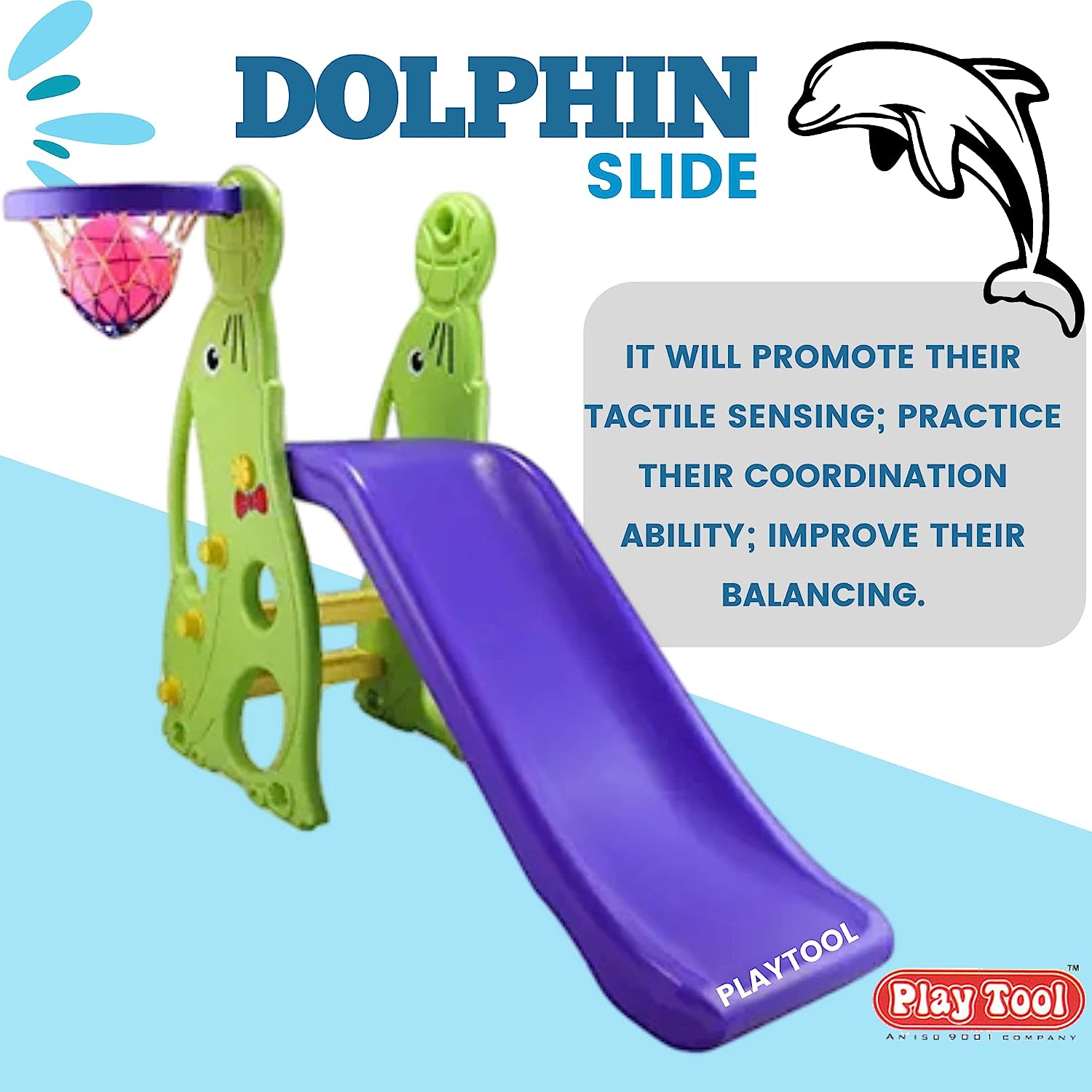 Baby Slide - Garden Slide in Dolphin Shape Along with One Basket Ball for Kids - Easy to Assemble and Use - Unbreakable Plastic - Indoor and Outdoor Use - Age - MRGTOYS