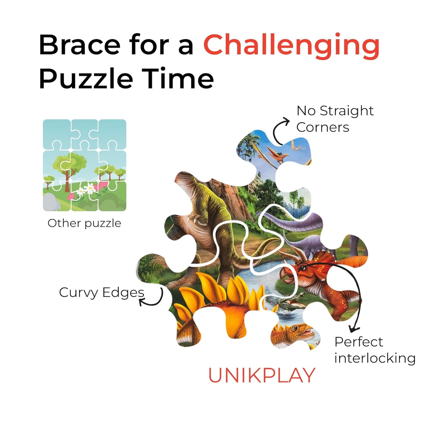 Unik Play Go Crazy Jigsaw Puzzle for Kids and Adults | Attractive Cartoon Print Puzzle with 2 Puzzle Sorting Trays for Age 6 to 99 Years-90 Pcs-(Dino)