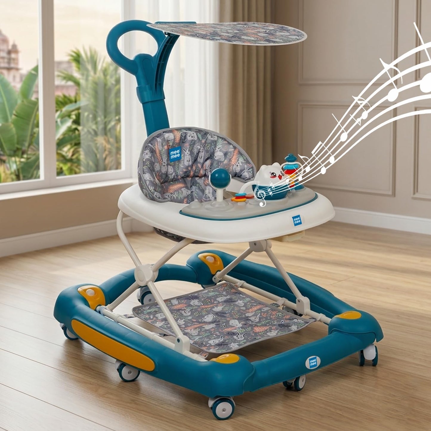 Mee Mee Baby 2 in 1 Walker & Rocker | 3 Level Adjustable Height, Light, Rattle & Musical Toys | Anti-Rollover Folding 360° Walker for Boys, Girls, Kids | Anti Fall, Anti Skid | 6-24 Months 15kg (Blue)