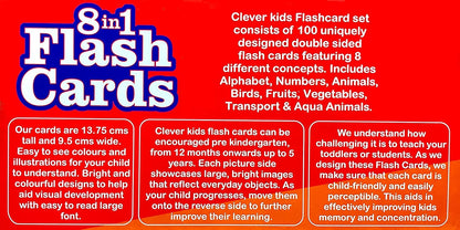 RATNA'S 8 in 1 Flash Cards 100 uniquely designed double sided flash cards features Alphabet,Number,Birds,Animals,Fruits,Vegetable,Transport & Aqua Animals  (Multicolor)