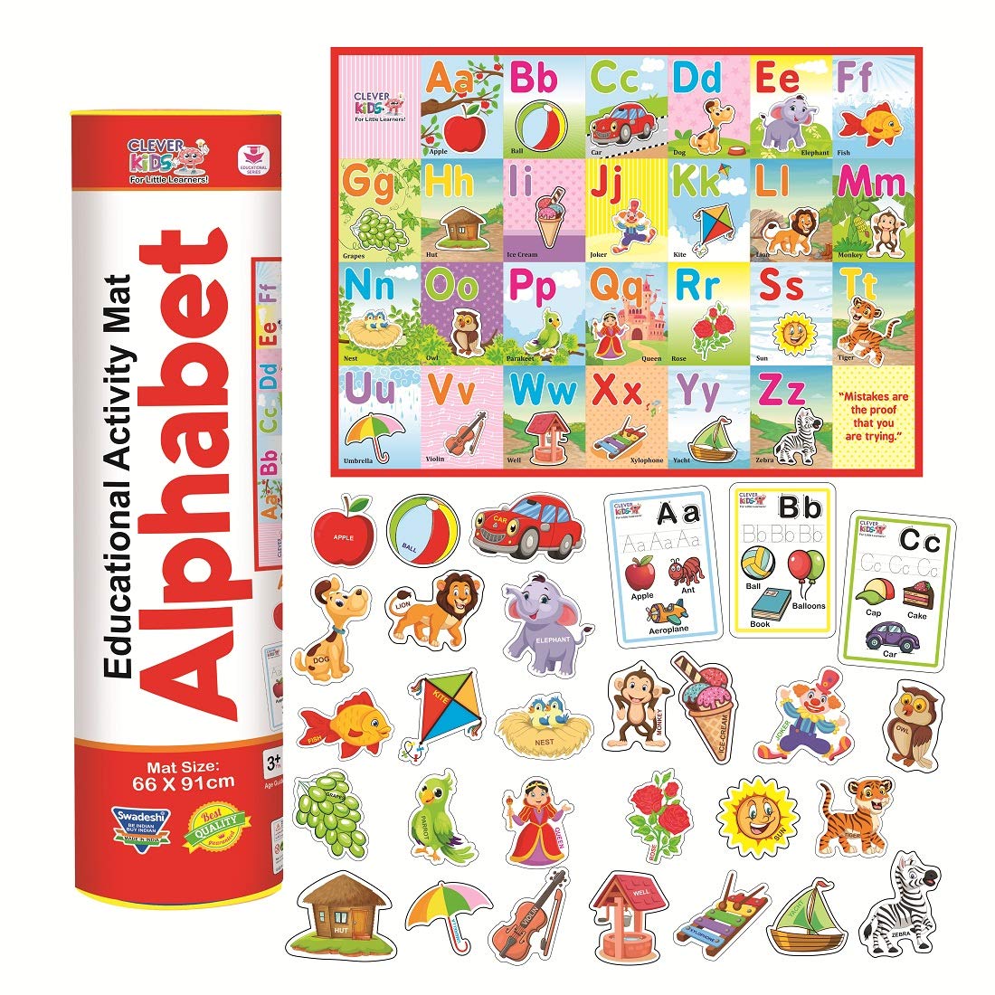 RATNA'S Clever Kids Educational Alphabet Activity mat ( 91 cms x 66 cms Jumbo mat) with 13 Both Sides Printed Flash Cards & 26 Transport Vehicle eva Cutouts with Velcro.- Multi Color