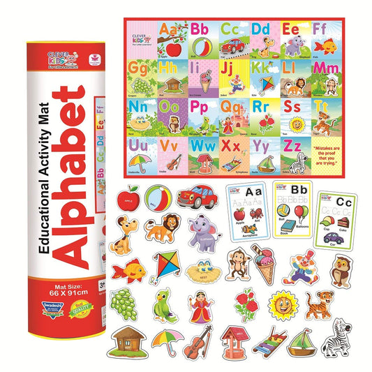 RATNA'S Clever Kids Educational Alphabet Activity mat ( 91 cms x 66 cms Jumbo mat) with 13 Both Sides Printed Flash Cards & 26 Transport Vehicle eva Cutouts with Velcro.- Multi Color