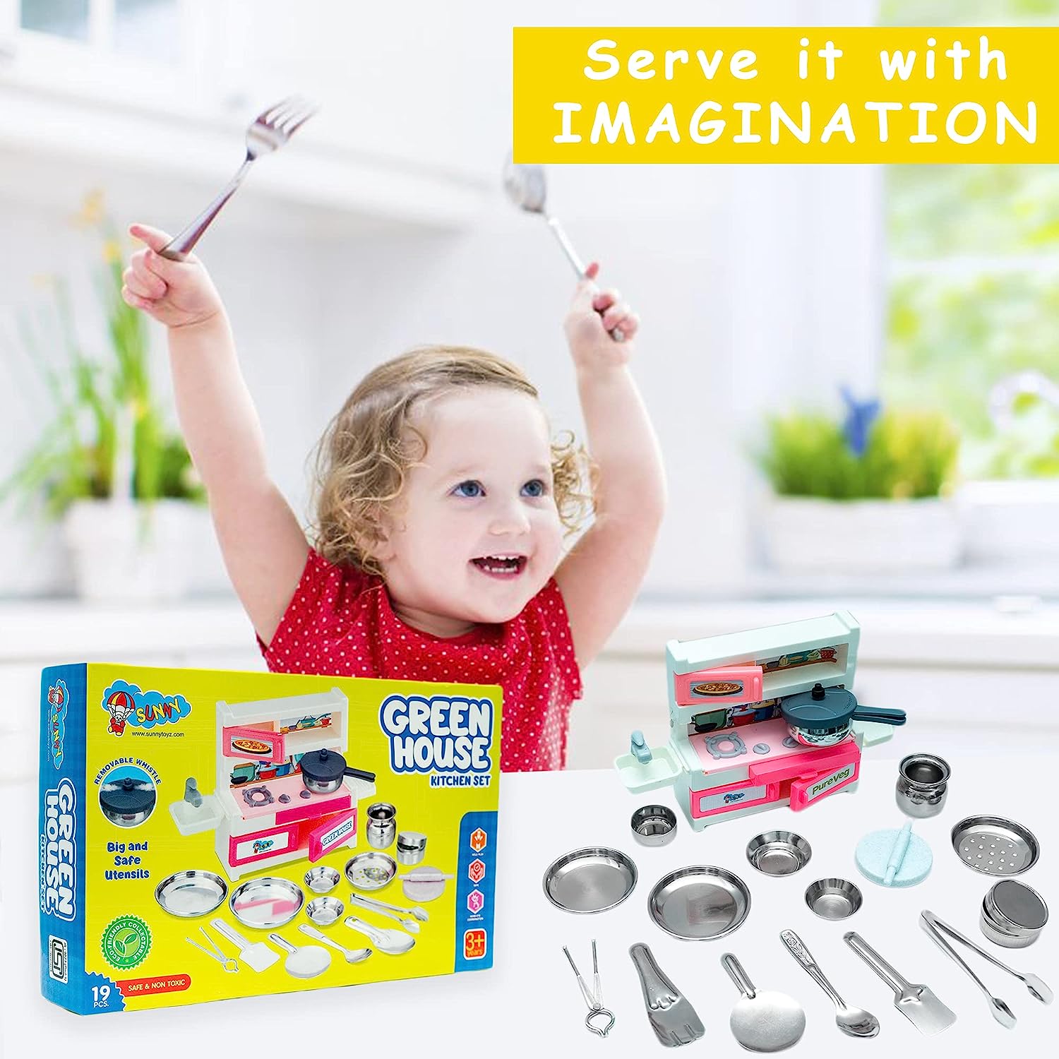 Green House 19 Pieces Kitchen Set for Kids.A Perfect Roleplay Pretend Play Kitchen Play Set for Kids. - MRGTOYS