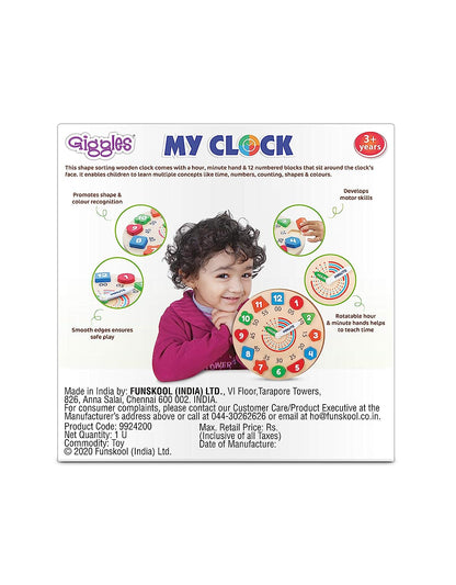 Giggles - My Clock, Shape sorting clock puzzle, Teaches Time,shapes and Numbers, 3 Years & above, Preschool toys Multicolor