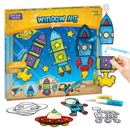 Imagimake Window Art - Rocket - 16 Pieces Glass Painting Set - Astronaut, Rover, Space Designs - Craft Kit for Boys & Girls 5 Years & Above GAMES