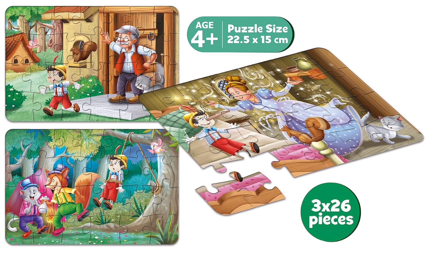 Frank Pinocchio 3 x 26 pcs Jigsaw Puzzles for Kids for Age 4 Years Old and Above
