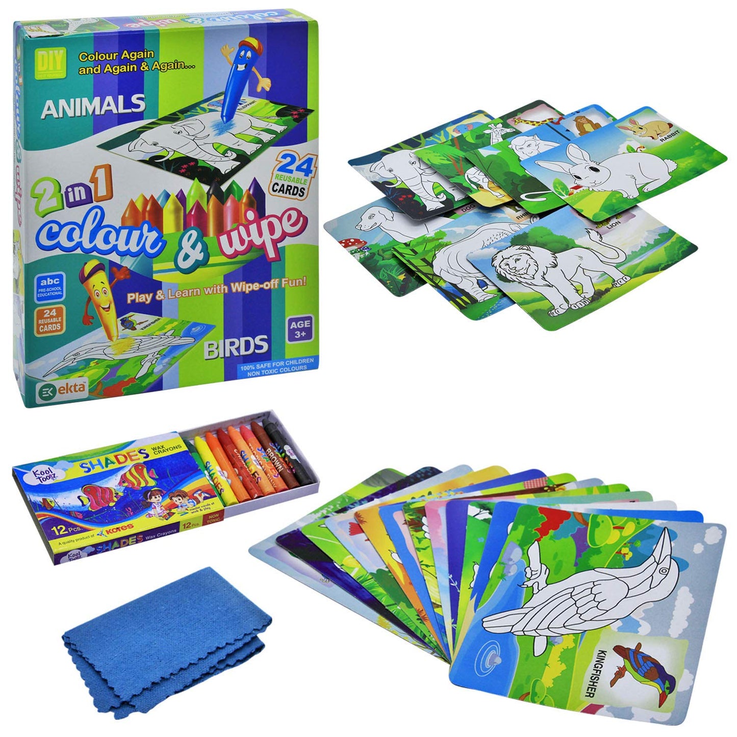Ekta Color and Wipe Kit - Animals and Birds/ Preschool Coloring Kit for 3+ Years Toddlers/Kids