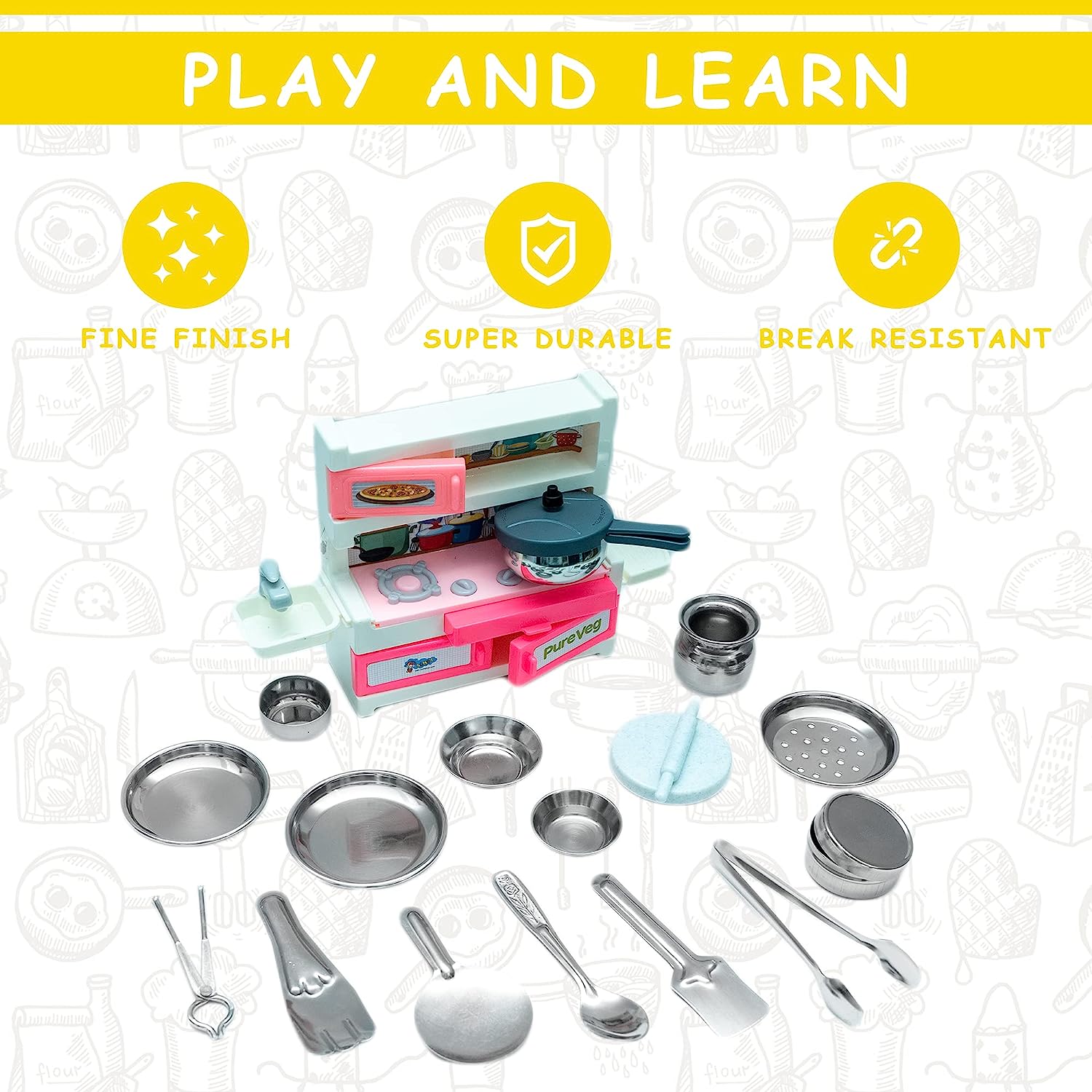 Green House 19 Pieces Kitchen Set for Kids.A Perfect Roleplay Pretend Play Kitchen Play Set for Kids. - MRGTOYS