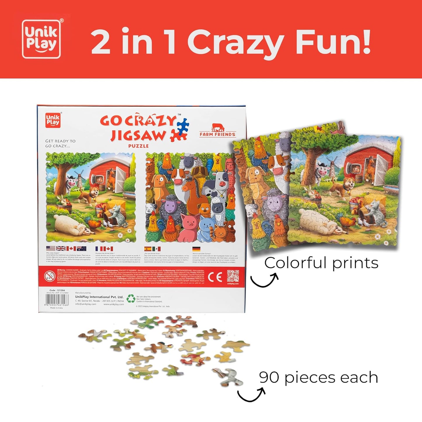 Unik Play Go Crazy Jigsaw Puzzle for Kids and Adults | Attractive Cartoon Print Puzzle with 2 Puzzle Trays for Age 6 to 99 Years-90 Pcs-(Farm Friends)