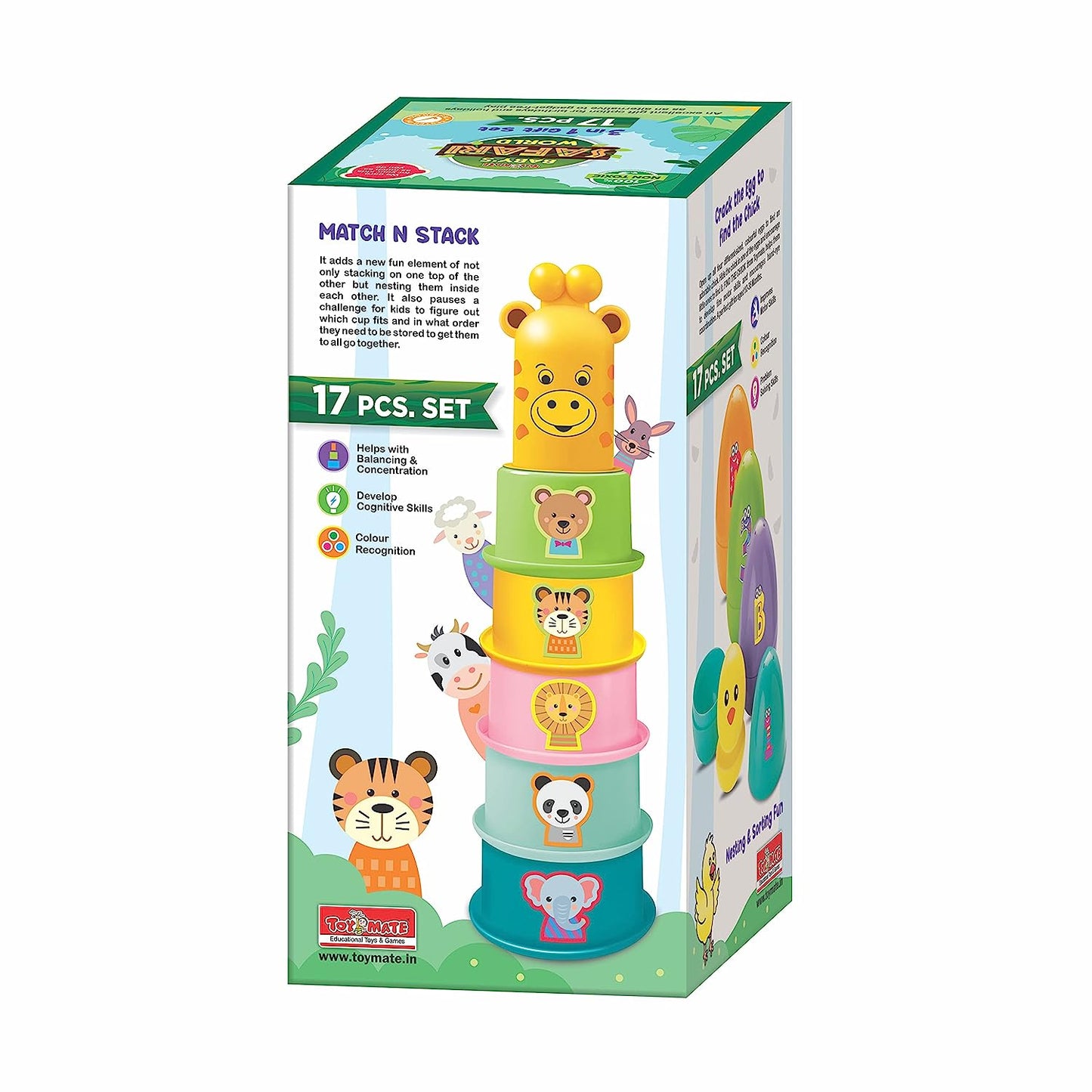 Toymate Baby’s Safari World - 17 pcs Ultimate Toddler Games Gifts Set - Stacking Cups, Nesting, Rolling - Montessori Fine Motor Skills for 1 Year & Above