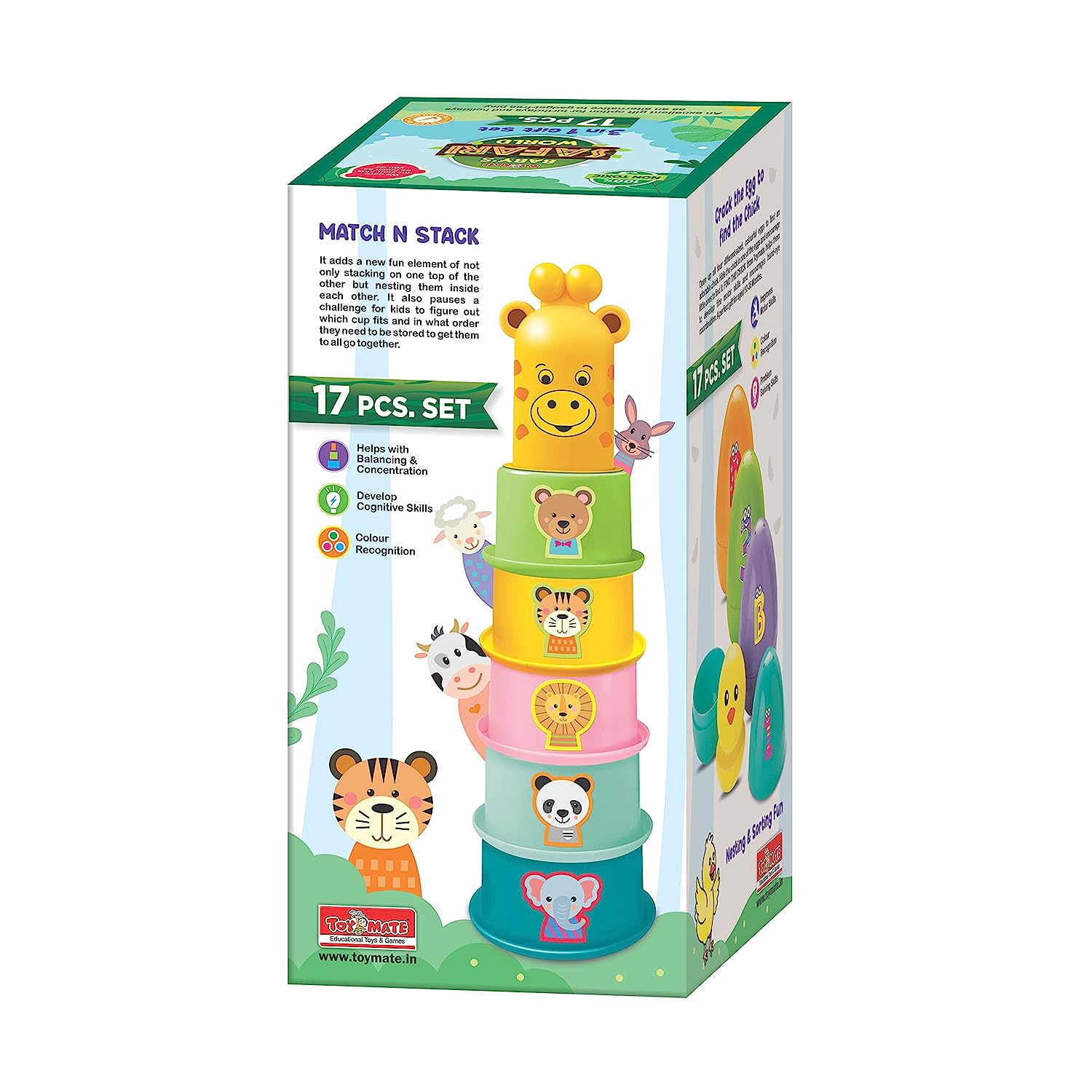 Toymate Baby’s Safari World - 17 pcs Ultimate Toddler Games Gifts Set - Stacking Cups, Nesting, Rolling - Montessori Fine Motor Skills for 1 Year & Above