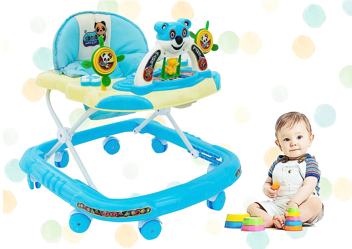 Panda 007 Smart Musical Round Toddler Baby Walker with Comfy 3-in-1 Height Adjustable with Light and Musical Toy Bar and Ultra Soft Seat for Kids (6 Month + Age) (Kids Walker) (Blue) - MRGTOYS