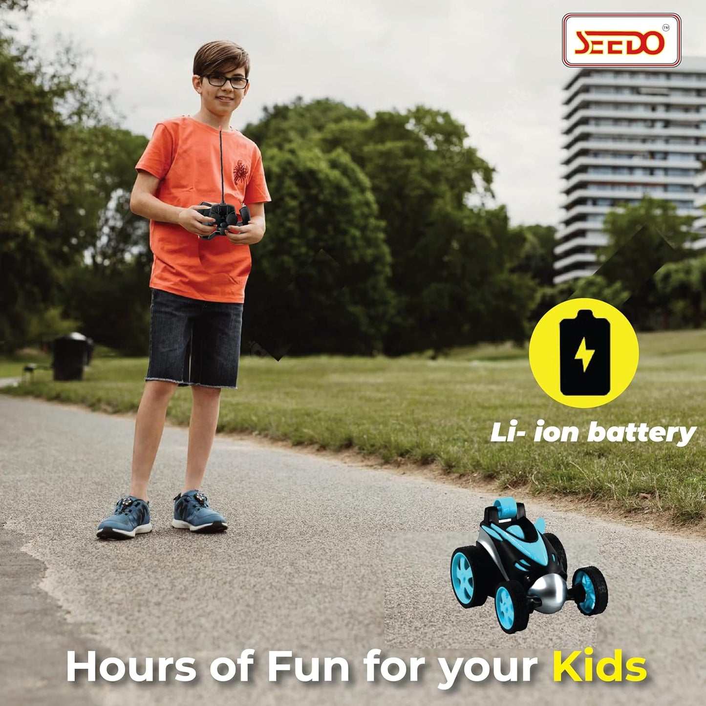 SEEDO Remote Control Rechargeable 360 Degree Stunt Car Toy for Kids, All Terrain RC Vehicle Flipping & Spinning Car with Rubber Tires for Boys & Girls 8+ Years COLOR MAY VARY
