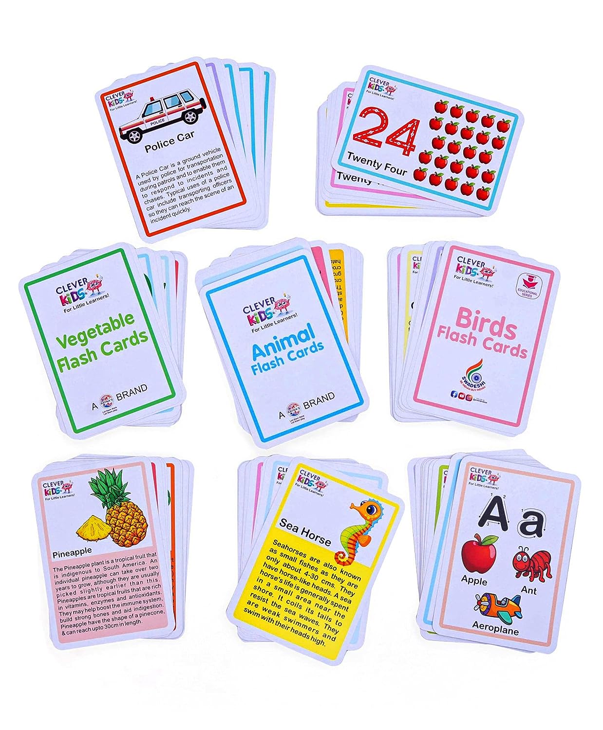 RATNA'S 8 in 1 Flash Cards 100 uniquely designed double sided flash cards features Alphabet,Number,Birds,Animals,Fruits,Vegetable,Transport & Aqua Animals  (Multicolor)