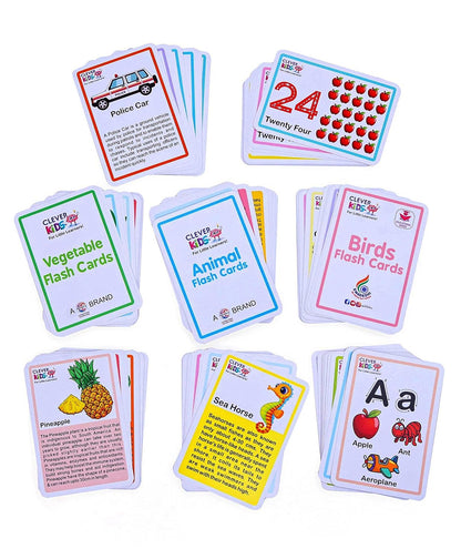 RATNA'S 8 in 1 Flash Cards 100 uniquely designed double sided flash cards features Alphabet,Number,Birds,Animals,Fruits,Vegetable,Transport & Aqua Animals  (Multicolor)