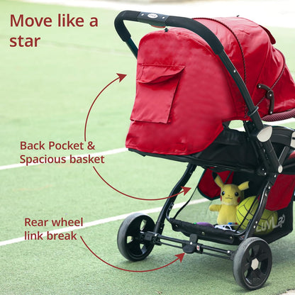LuvLap Galaxy Baby Stroller, Pram For Baby With 5 Point Safety Harness, Spacious Cushioned Seat With Multi Level Seat Recline, Easy Fold, Lightweight Baby Stroller For 0 To 3 Years (Red & Black)
