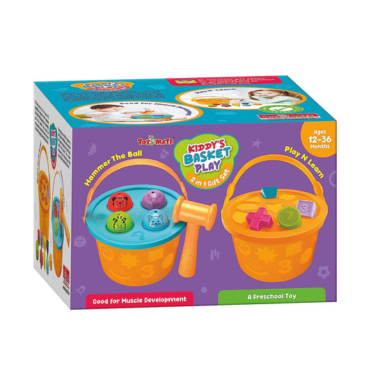 Toymate Kiddy’s Basket Play - Combo of Hammering Fun & Shape Sorting Basket - A Learning Shapes Colors Knock Pounding Fine Motor and Dexterity Skills Early Educational Montessori Toy Set for Kids Toddlers
