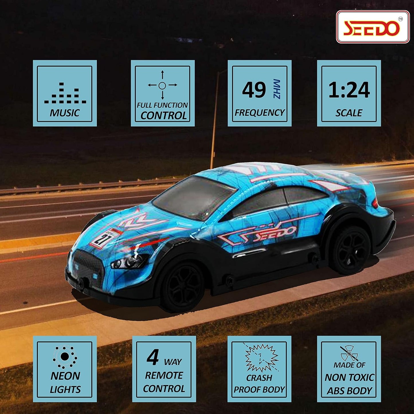 SEEDO Remote Control Rechargeable Dazzling Drift Anti Scratch High Speed Racing Car with Colourful Lights and Music, 1:24 Scale Rc Vehicle Toy for 8+ Years Kids Boys and Girls, Pack of 1,color may vary