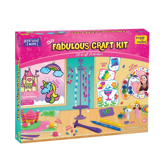 Imagimake Fabulous Craft Kit-Arts and Crafts for Kids ages 6-8-Suncatcher Kits for kids-Air Dry Clay, Paper Quilling Kit, Stamp for Kids- Princess, Unicorn Toys- Gifts for 5, 6, 7, 8, 9 Year Old Girls, Multicolour