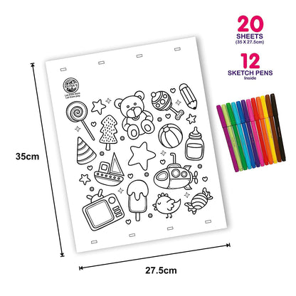 Ratna's Kids Doodle Art Colouring Kit Having 20 Sheets & 12 Sketch Pens | let The Child Learn with Fun Along with This Coloring kit