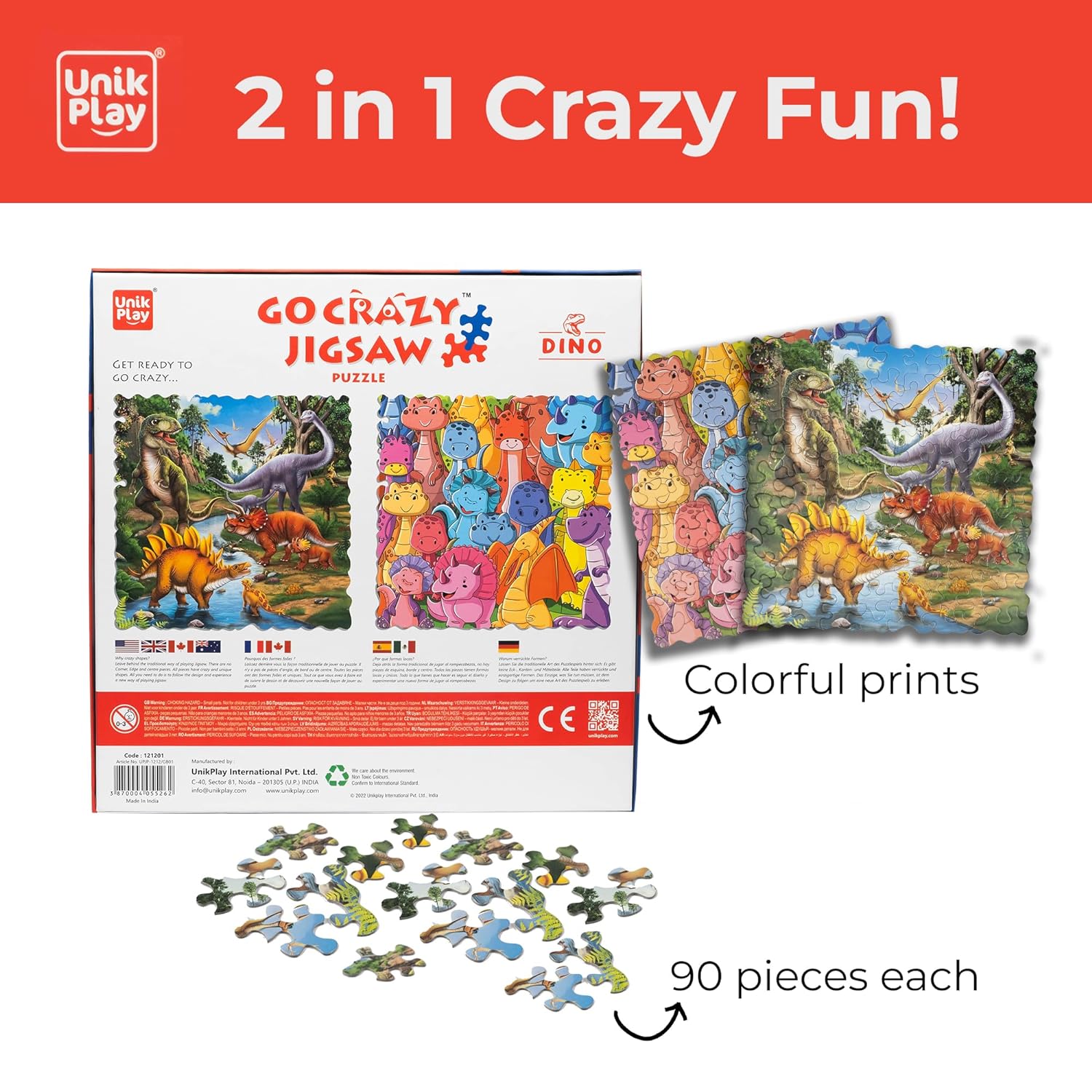 Unik Play Go Crazy Jigsaw Puzzle for Kids and Adults | Attractive Cartoon Print Puzzle with 2 Puzzle Sorting Trays for Age 6 to 99 Years-90 Pcs-(Dino)