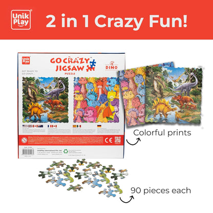 Unik Play Go Crazy Jigsaw Puzzle for Kids and Adults | Attractive Cartoon Print Puzzle with 2 Puzzle Sorting Trays for Age 6 to 99 Years-90 Pcs-(Dino)