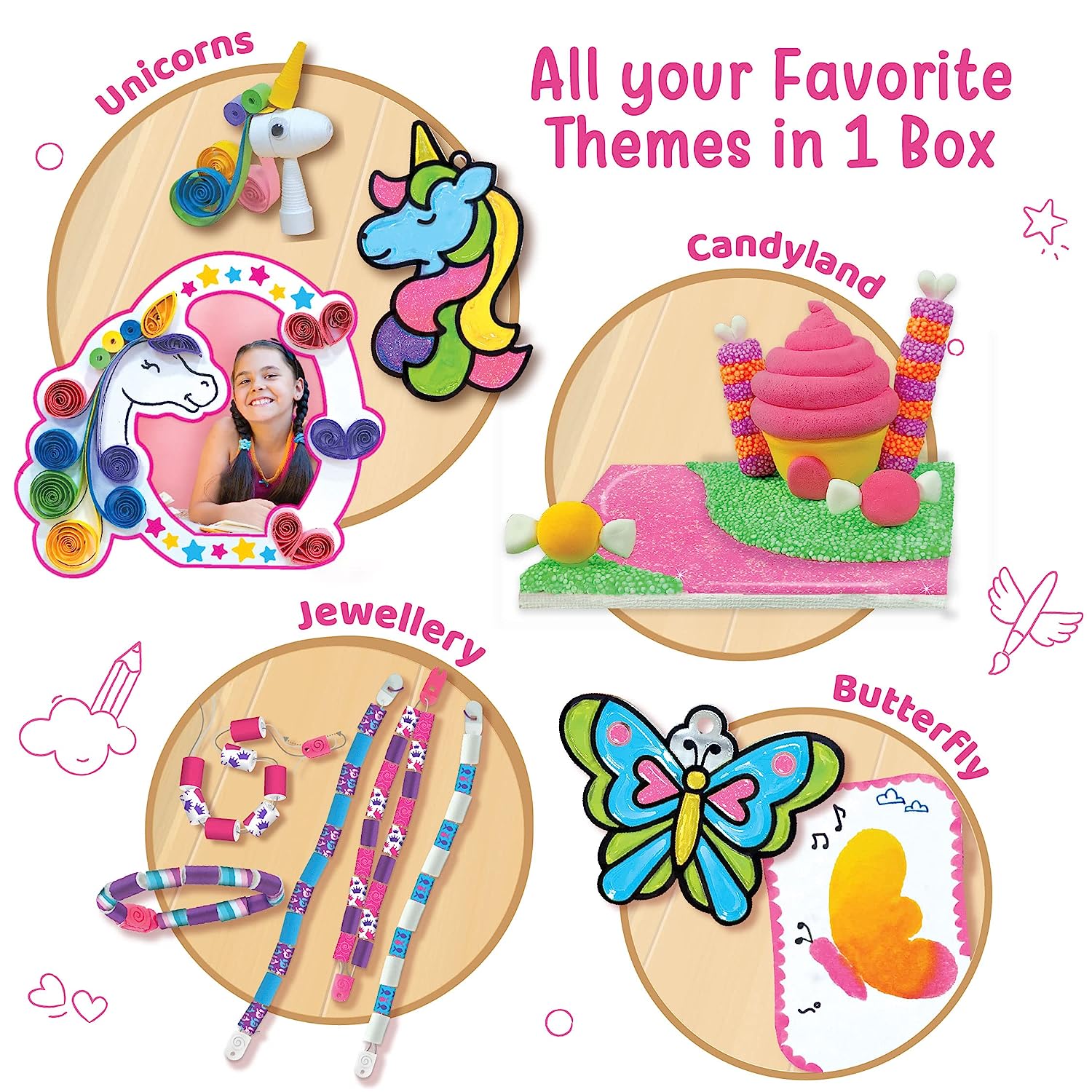 Imagimake Fabulous Craft Kit-Arts and Crafts for Kids ages 6-8-Suncatcher Kits for kids-Air Dry Clay, Paper Quilling Kit, Stamp for Kids- Princess, Unicorn Toys- Gifts for 5, 6, 7, 8, 9 Year Old Girls, Multicolour