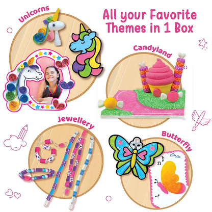 Imagimake Fabulous Craft Kit-Arts and Crafts for Kids ages 6-8-Suncatcher Kits for kids-Air Dry Clay, Paper Quilling Kit, Stamp for Kids- Princess, Unicorn Toys- Gifts for 5, 6, 7, 8, 9 Year Old Girls, Multicolour