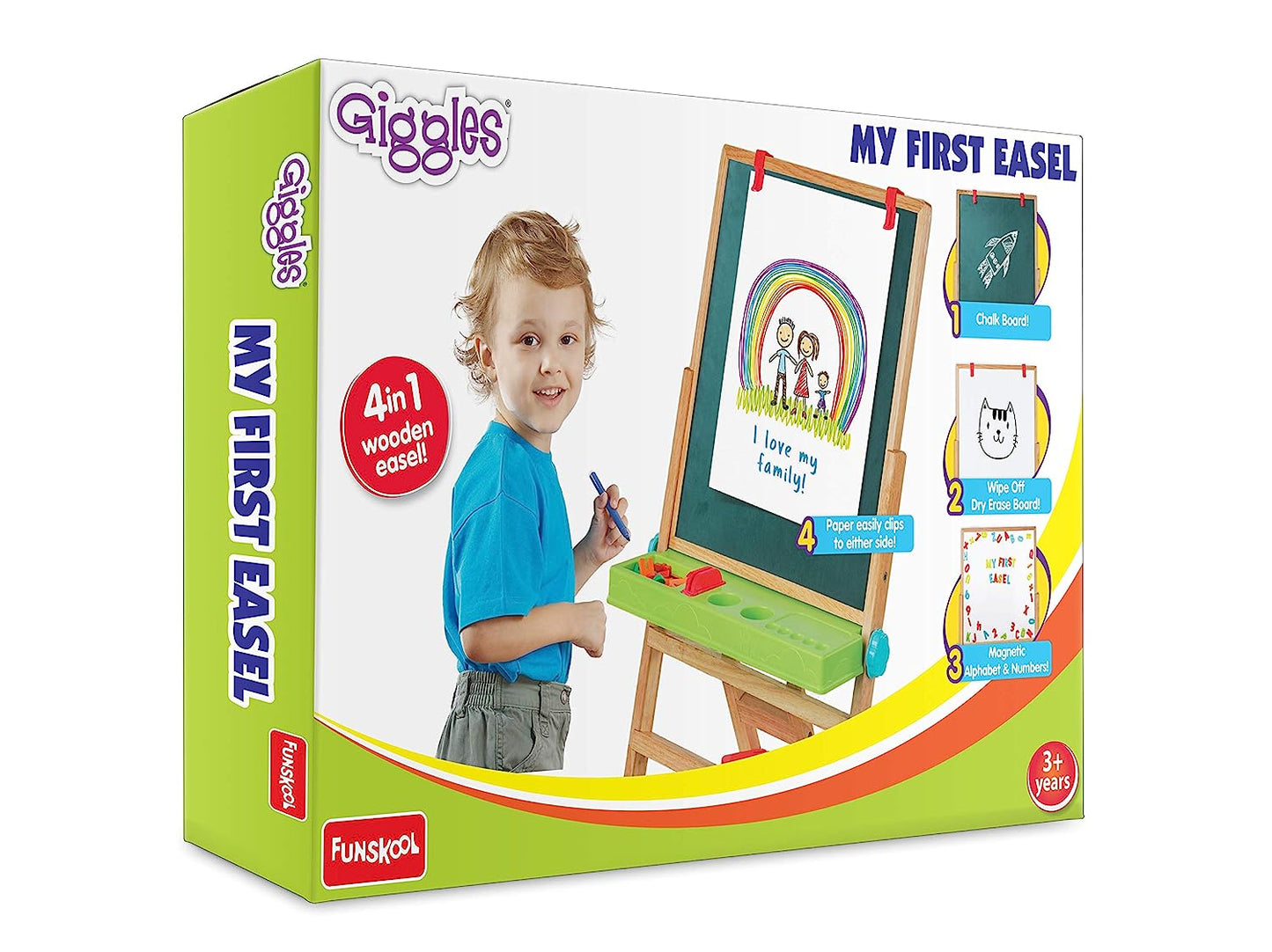 Giggles - My First Easel , 4 in 1 Double Sided Wooden Easel Board , Multicolour with Alphabet & Numbers , 3 Years & above , Preschool toys