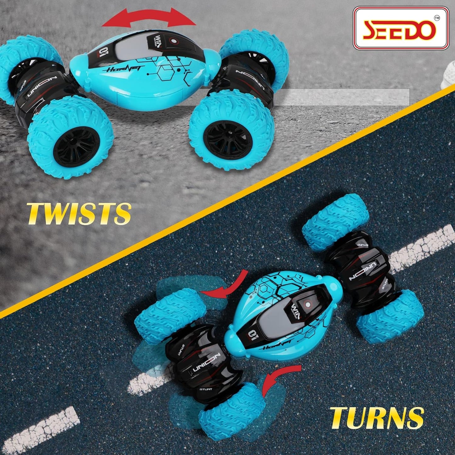 SEEDO Remote Control Rechargeable Twisting Stunt Car 1:16 Scale 360 Degree Double Sided Rotation 2.4 GHz All Terrain RC Vehicle Toy with Multi Line Technology for Kids 8+ Years COLOR MAY VARY