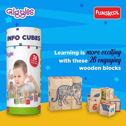 Giggles - Info Cubes, Educational Learning blocks, Teaches Alphabet,Numbers,Colour shapes & Picture puzzle, 3 Years & above, Preschool toys Multicolor (26 pieces)