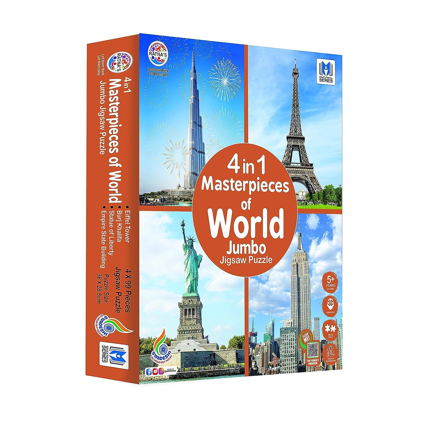 Ratna's 4 in 1 Masterpieces of World Jumbo Jigsaw Puzzle (4 x 99 Pieces) Size 36 x 28.5 cm for Each Puzzle Educational Toy for Kids 5+ Years