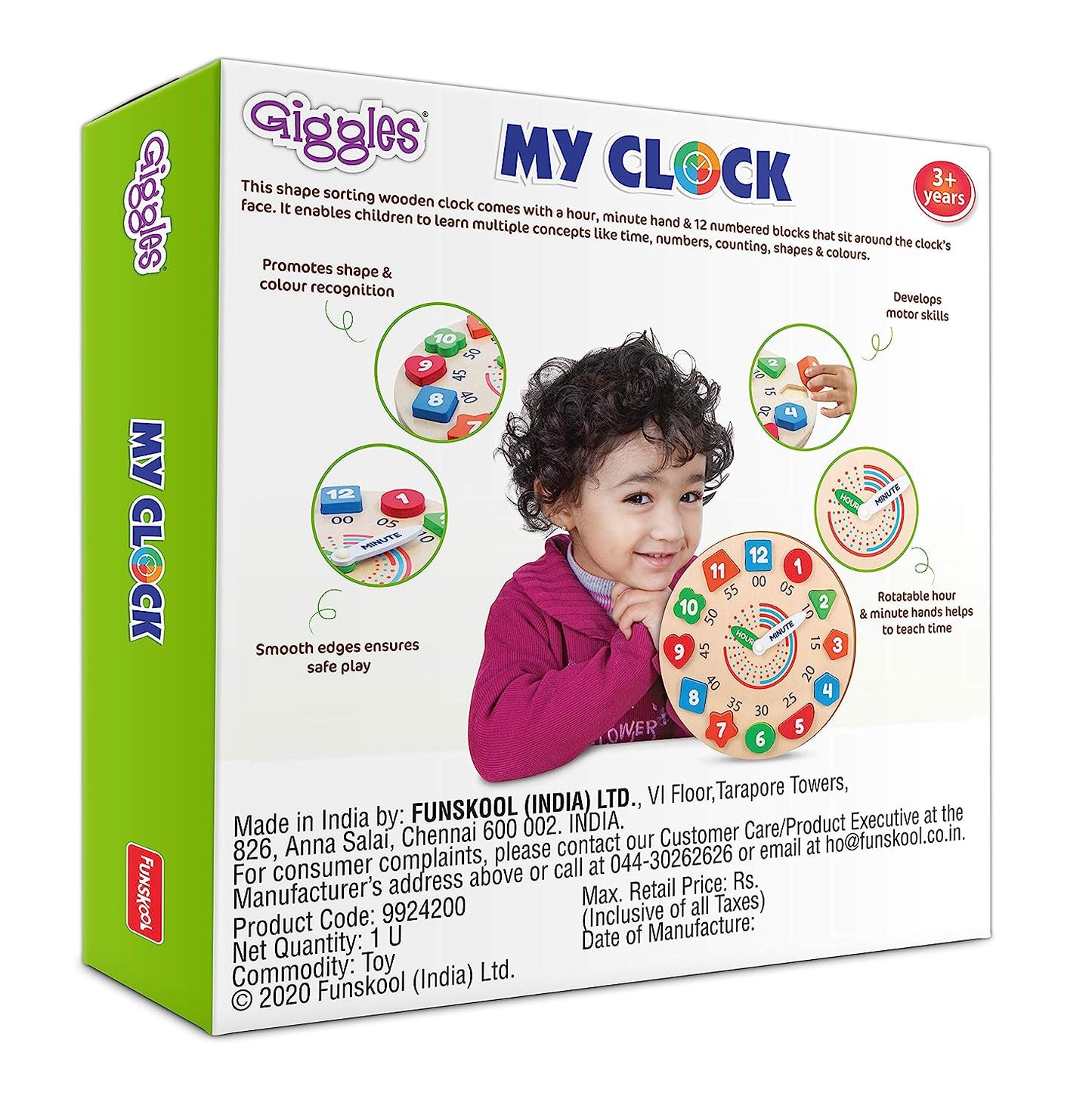 Giggles - My Clock, Shape sorting clock puzzle, Teaches Time,shapes and Numbers, 3 Years & above, Preschool toys Multicolor