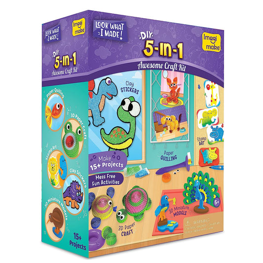 Imagimake 5-in-1 Awesome Craft Kit- Kids Arts and Crafts- Arts and Crafts for Kids ages 6-8 - Air Dry Clay, Paper Quilling Kit, Stamp for Kids, Foam Crafts - Gifts for 5, 6, 7, 8 Year Old Girls & Boys, Multicolour,GAMES