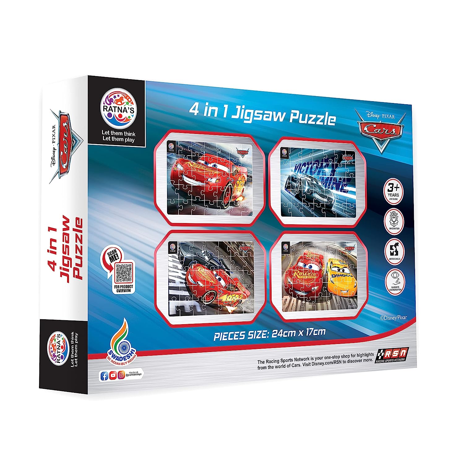 Ratna's 4 in 1 Disney Jigsaw Puzzle 140 Pieces for Kids. 4 Jigsaw Puzzles 35 Pieces Each (Cars) - MRGTOYS