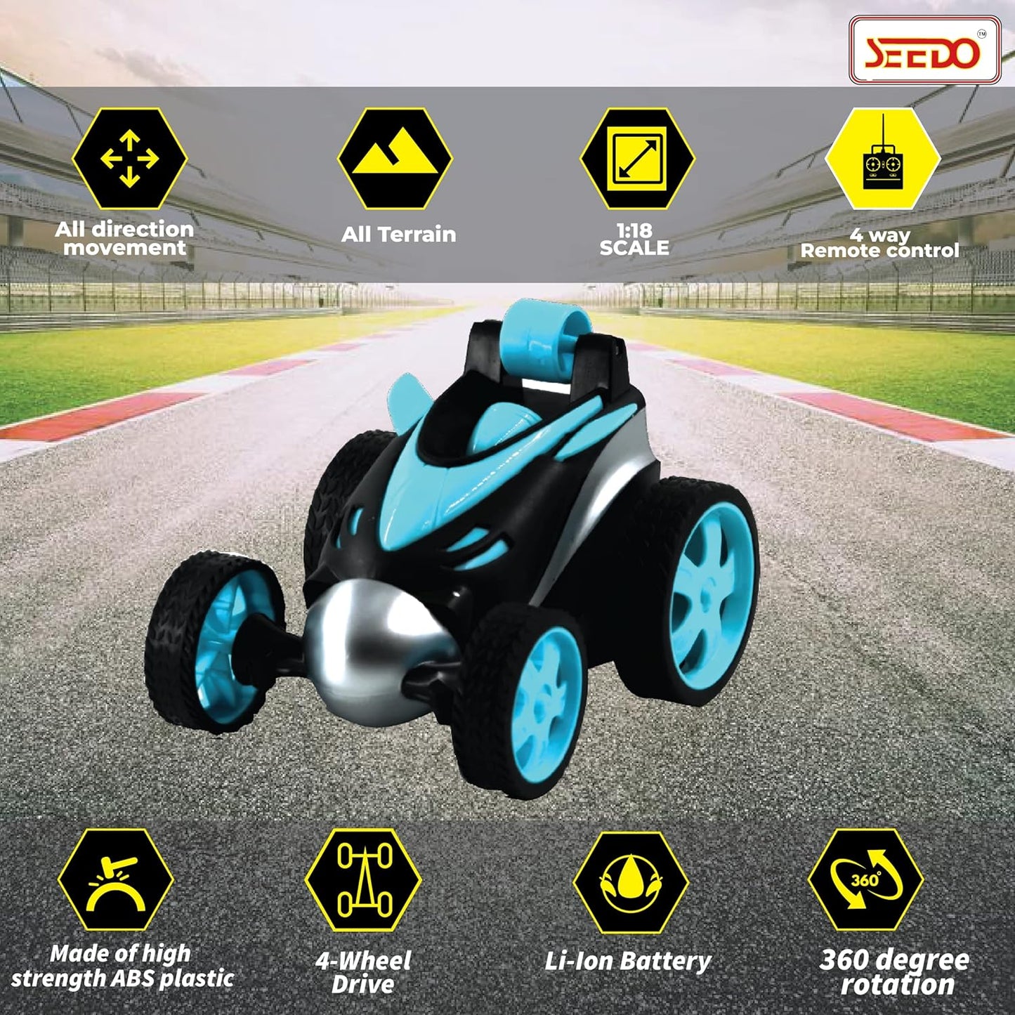SEEDO Remote Control Rechargeable 360 Degree Stunt Car Toy for Kids, All Terrain RC Vehicle Flipping & Spinning Car with Rubber Tires for Boys & Girls 8+ Years COLOR MAY VARY