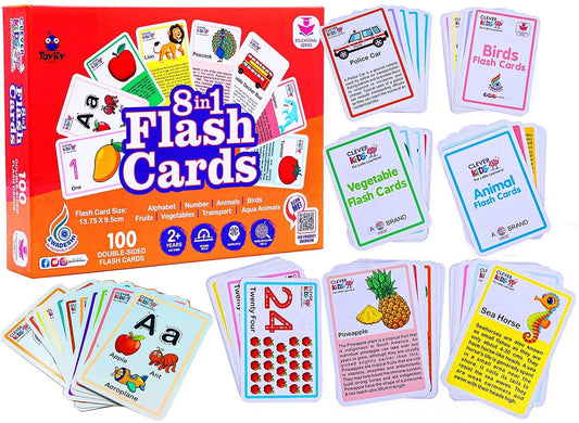 RATNA'S 8 in 1 Flash Cards 100 uniquely designed double sided flash cards features Alphabet,Number,Birds,Animals,Fruits,Vegetable,Transport & Aqua Animals  (Multicolor)