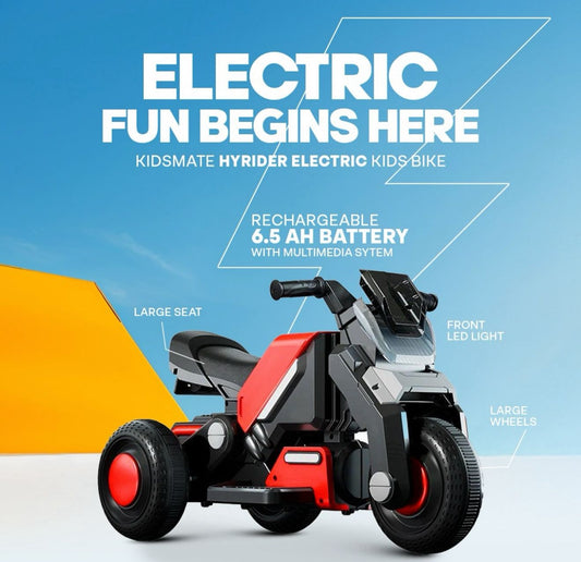 Hyrider 6V Electric Kids Bike with Rechargeable 6.5 Ah Battery Inbuilt Imported Motor Drive | Music Player, Front LED Light & Foot Accelerator Pedal Bike for Ages 1-4 Years