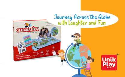 UnikPlay Geografika World Map Game - Game Night, Engaging Board Games for Kids 6-8, Kids Games Ages 4-8 – Non-Tearable, Waterproof Illustrated Map with 280+ Trivia Questions, 48 Double-Sided Cards